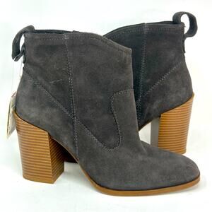 Zara Grey Suede Leather Stacked Heel Pull On Booties